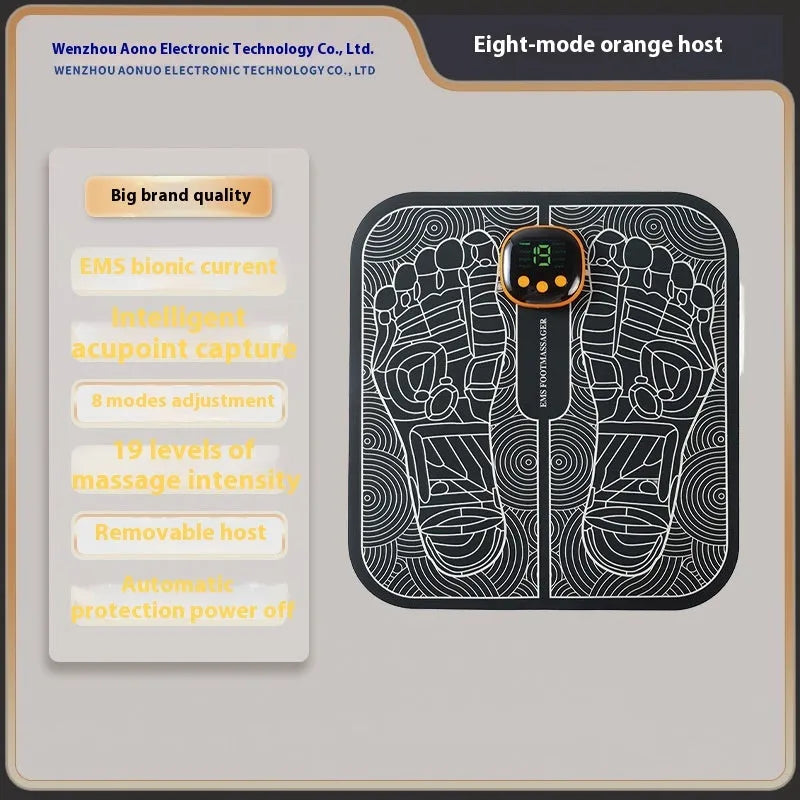Blue rechargeable foot massager mat with USB cable and push-button controls on a floor.