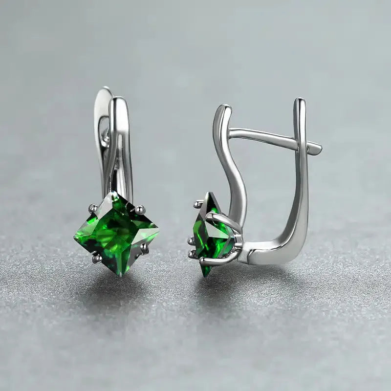 Copper women's stud earrings with diamond design and inlaid zircon in blue, green colours.