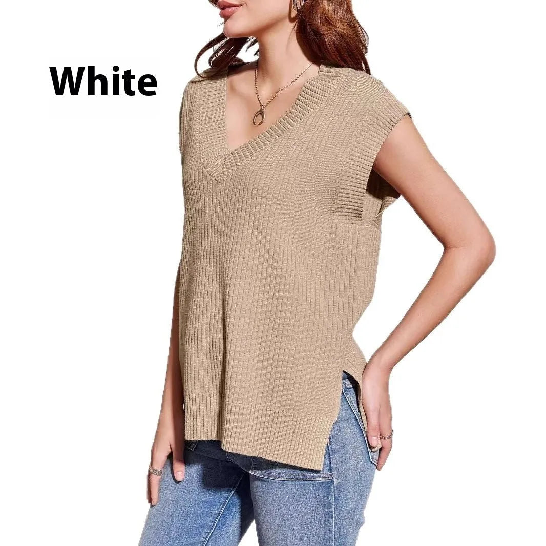Women's v-neck sleeveless pullover vest in camel stripe pattern, loose fit viscose fabric