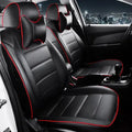 Cow leather car seat cover in binding style, shown in beige and black with red colour options.