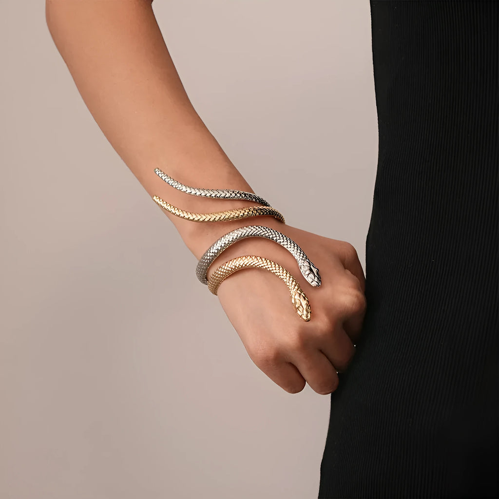 Exaggerated twisted winding simulated snakes opening ring and bracelet 2-piece set