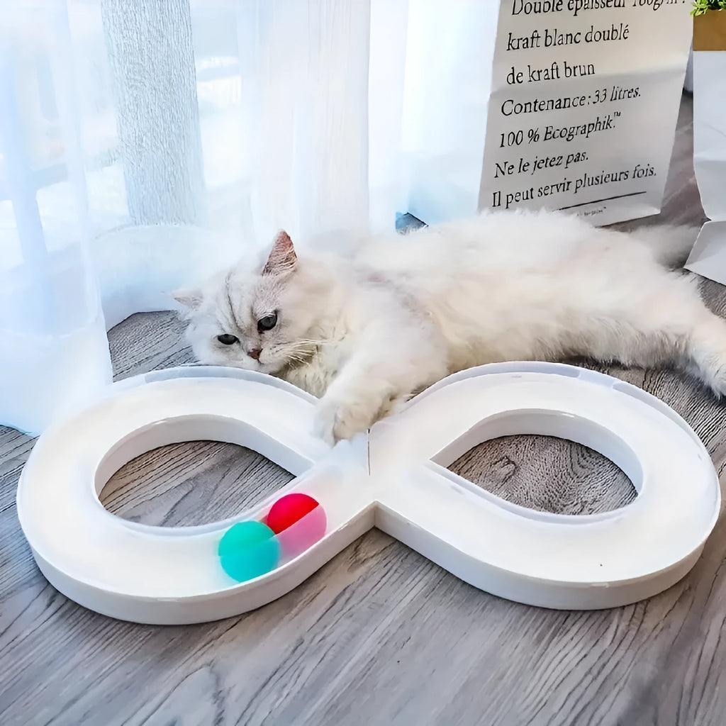 Blue and white cat toy with turntable track ball and teasing stick for interactive feline play
