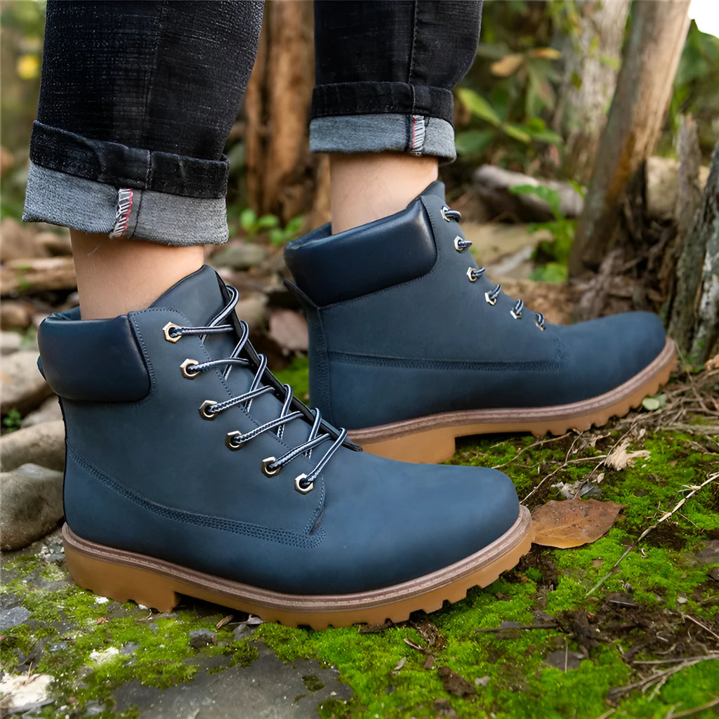 Pink high-top Martin boots with velvet lining and flat sole, shown with front lace-up.