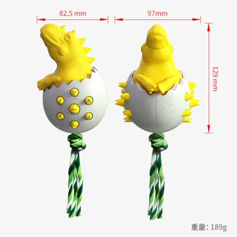 Durable blue dinosaur-shaped dog chew toy with an integrated green nylon rope.