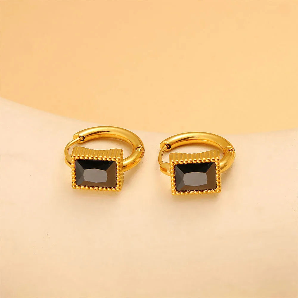 Geometric square zircon stainless steel earrings in white, black, or green colour options