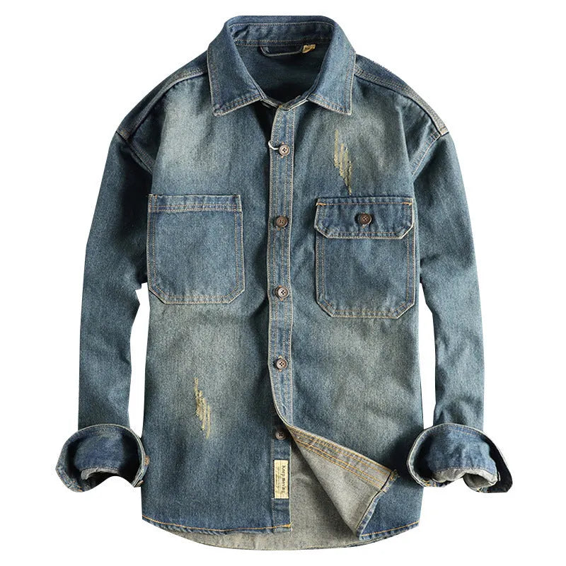 Men's light blue washed vintage denim shirt in loose fit cardigan style with long sleeves
