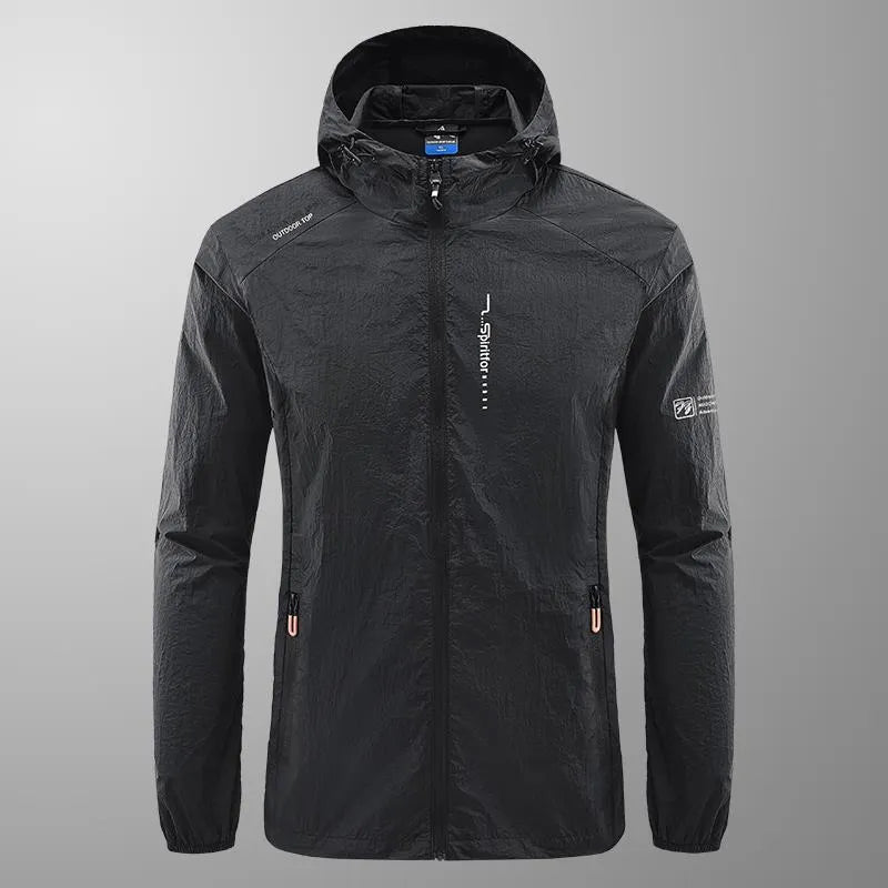 Light grey loose-fit men's nylon hooded jacket for summer outdoor wear