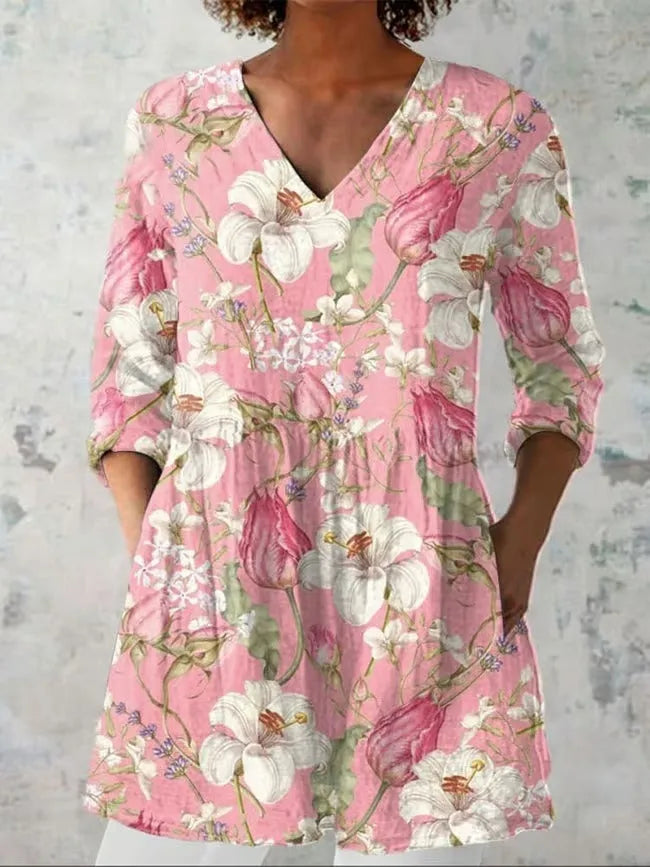 Women's retro slim-fit printed long-sleeved top in a digital print pattern, available in multiple colours.