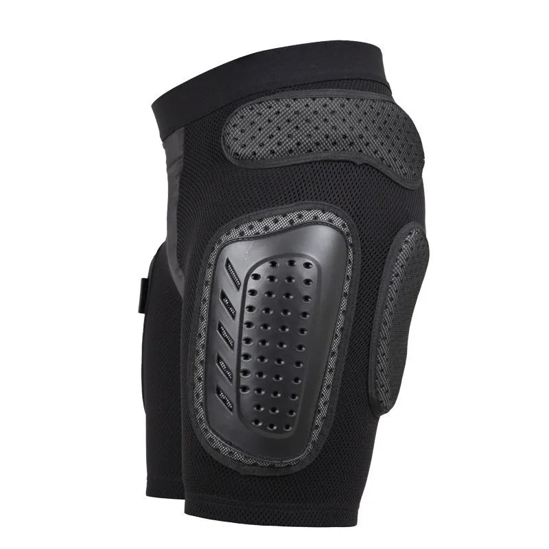 Black cycling hip protection pants with foam padding in sizes S, M, L, XL