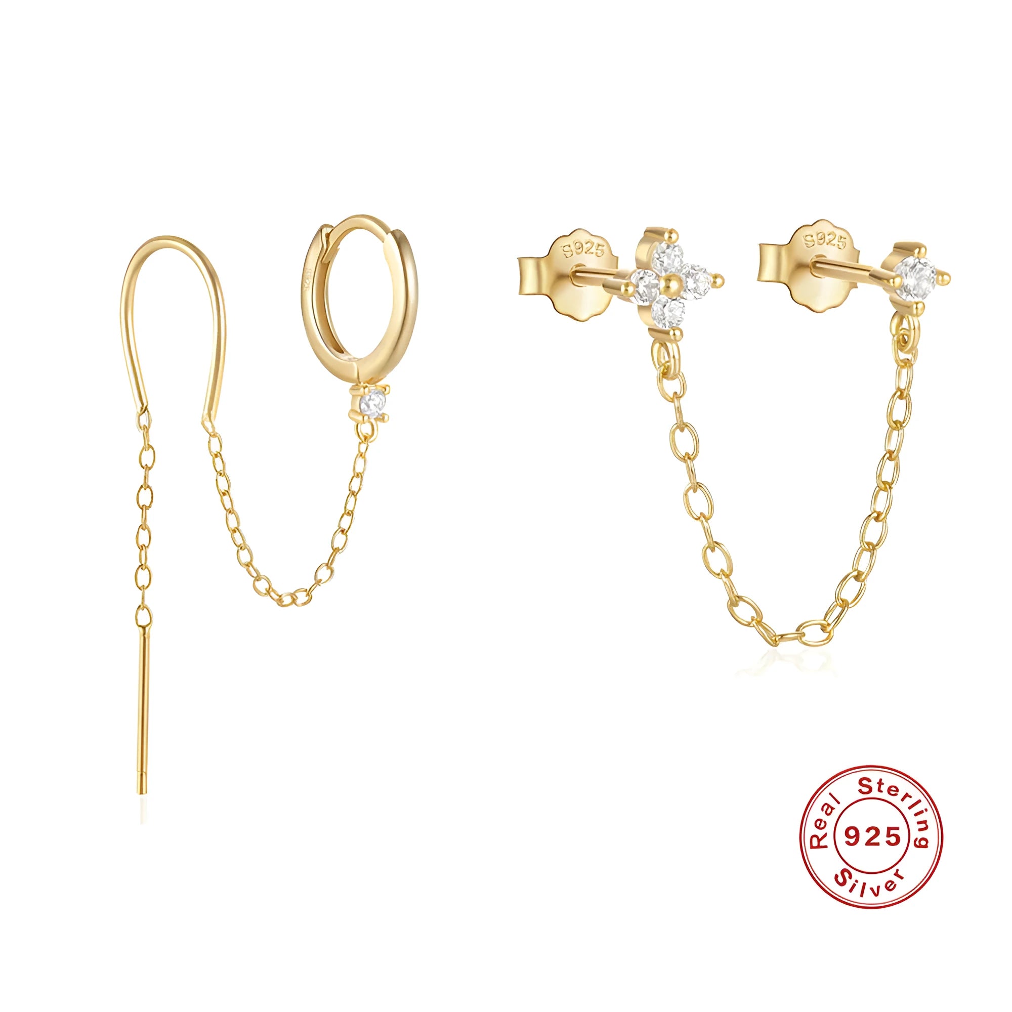 S925 sterling silver earrings with diamond flower tassel chain design and golden electroplated finish