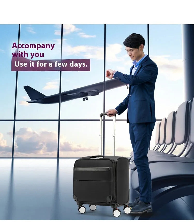 18 inch black Oxford cloth business boarding case with universal wheels and anti-theft features