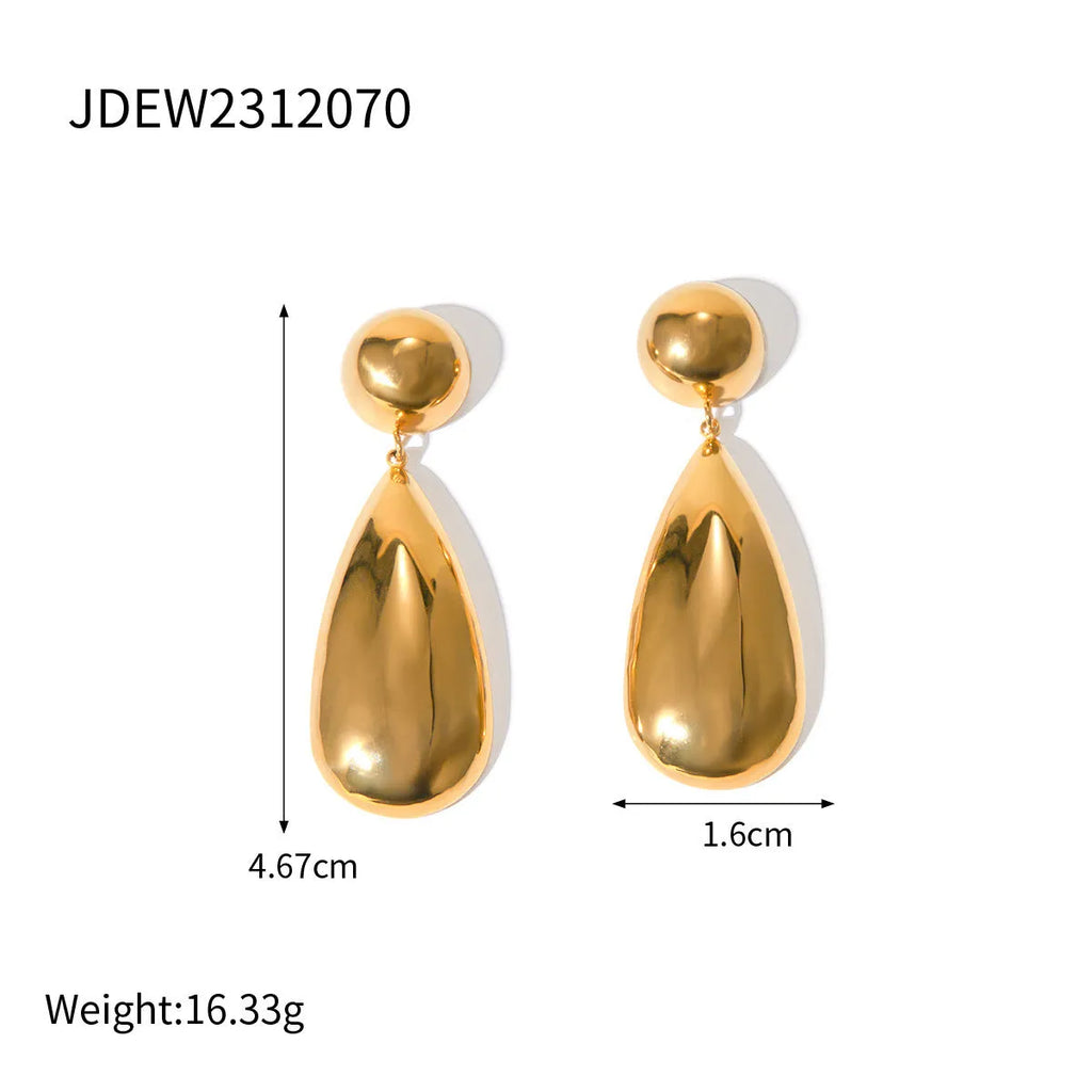 A pair of gold-coloured geometric water drop pendant earrings made from stainless steel.