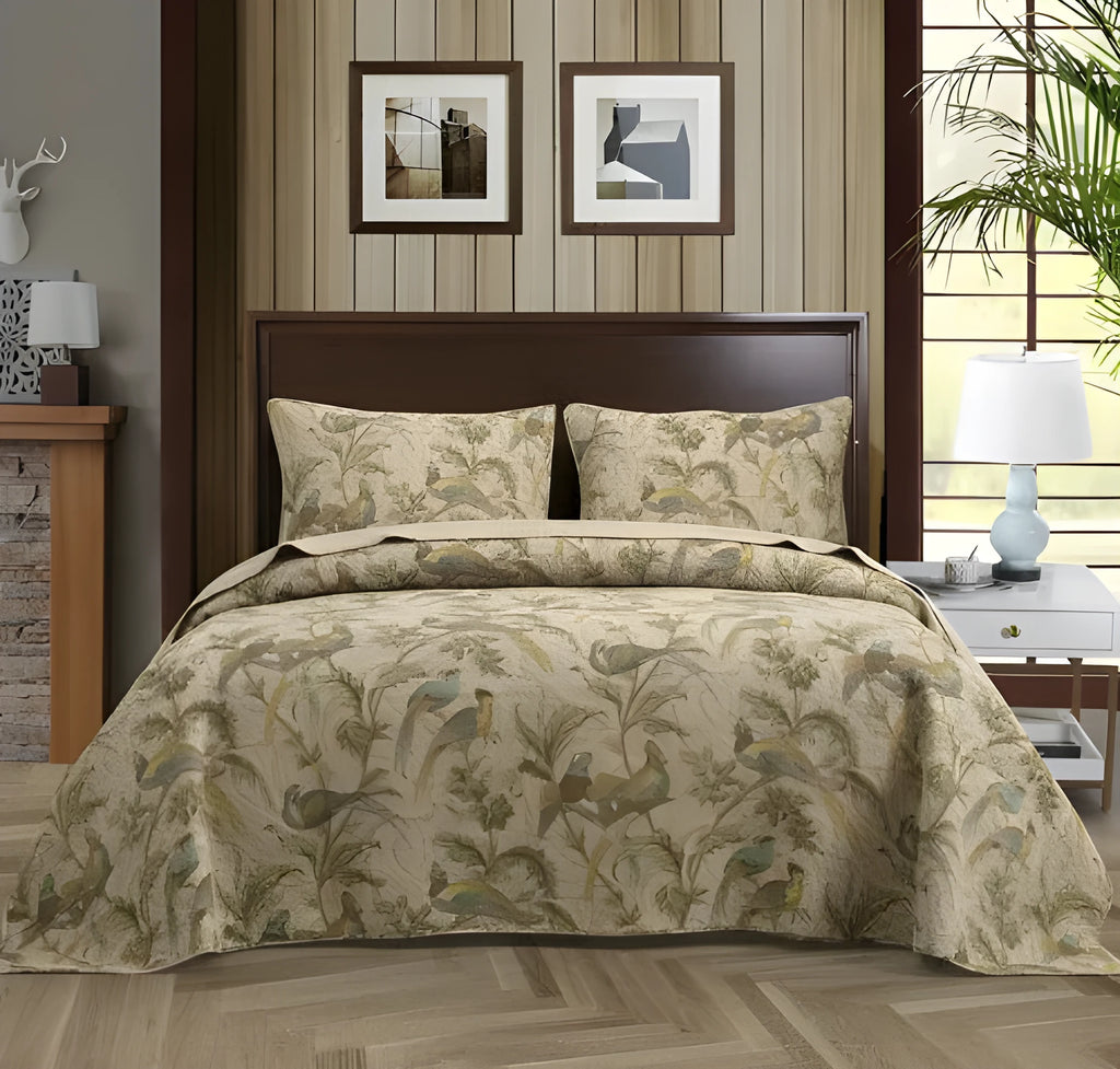 Blue American-style cotton bedspread with floral bird pattern and quilting texture