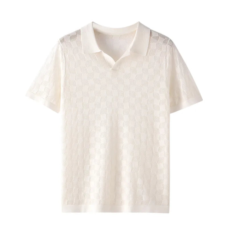 Man wearing a short sleeve mulberry silk sweater with lapels in a solid colour for business casual attire.