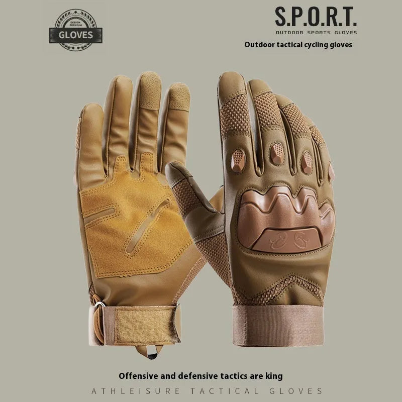 Men's black full finger tactical gloves with touch screen compatible fingertips on a hand.