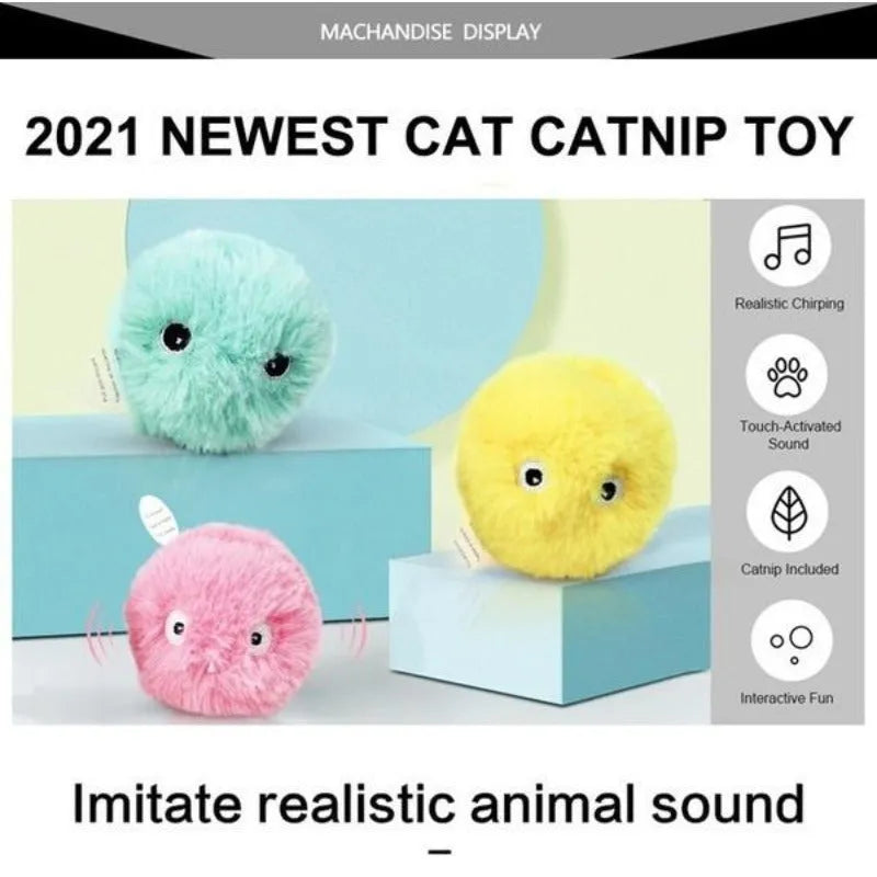 Interactive cat toy ball in blue, pink or yellow with sound activation and catnip compartment