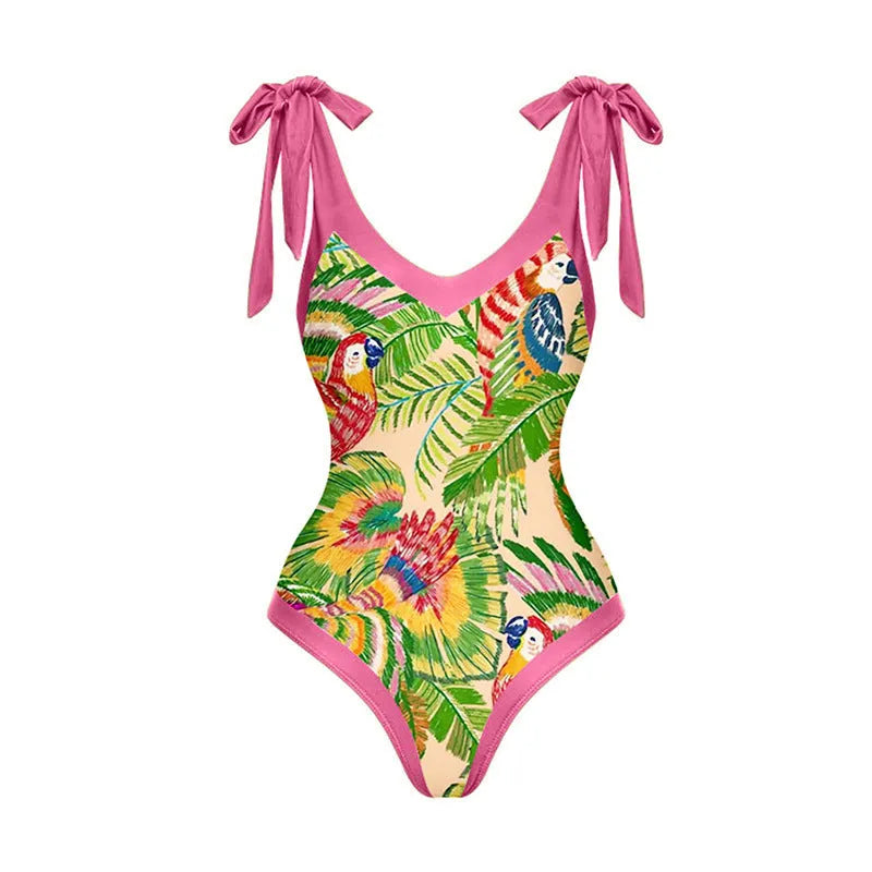 Pink floral print retro one-piece swimsuit with V-neck and thin skirt for women.