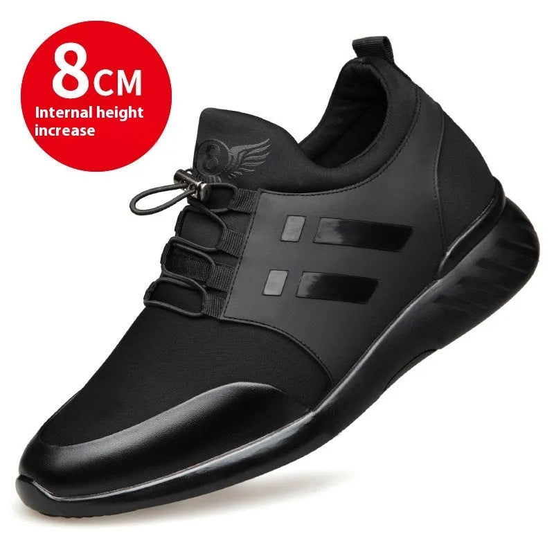 Men's black casual sneakers with a chunky heel for discreet height increase, available in leather or mesh.