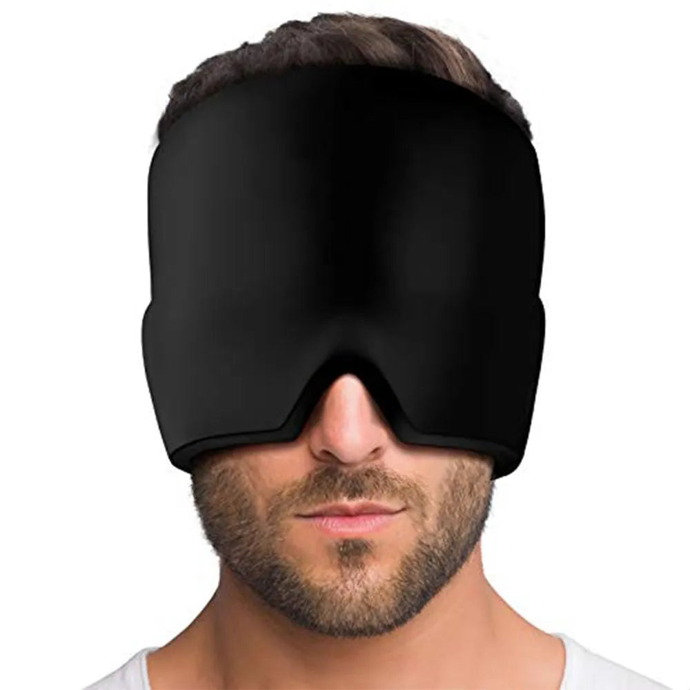 Black adjustable cold compress gel eye mask for headache relief on a plain background.