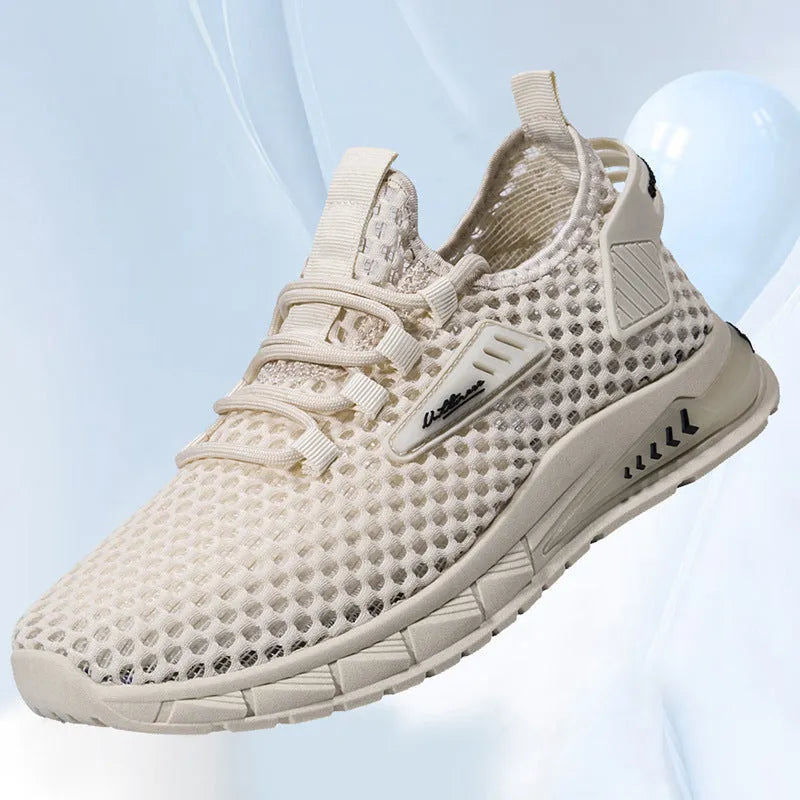 Men's beige mesh sneakers with lace-up front and synthetic leather upper on a flat EVA sole.