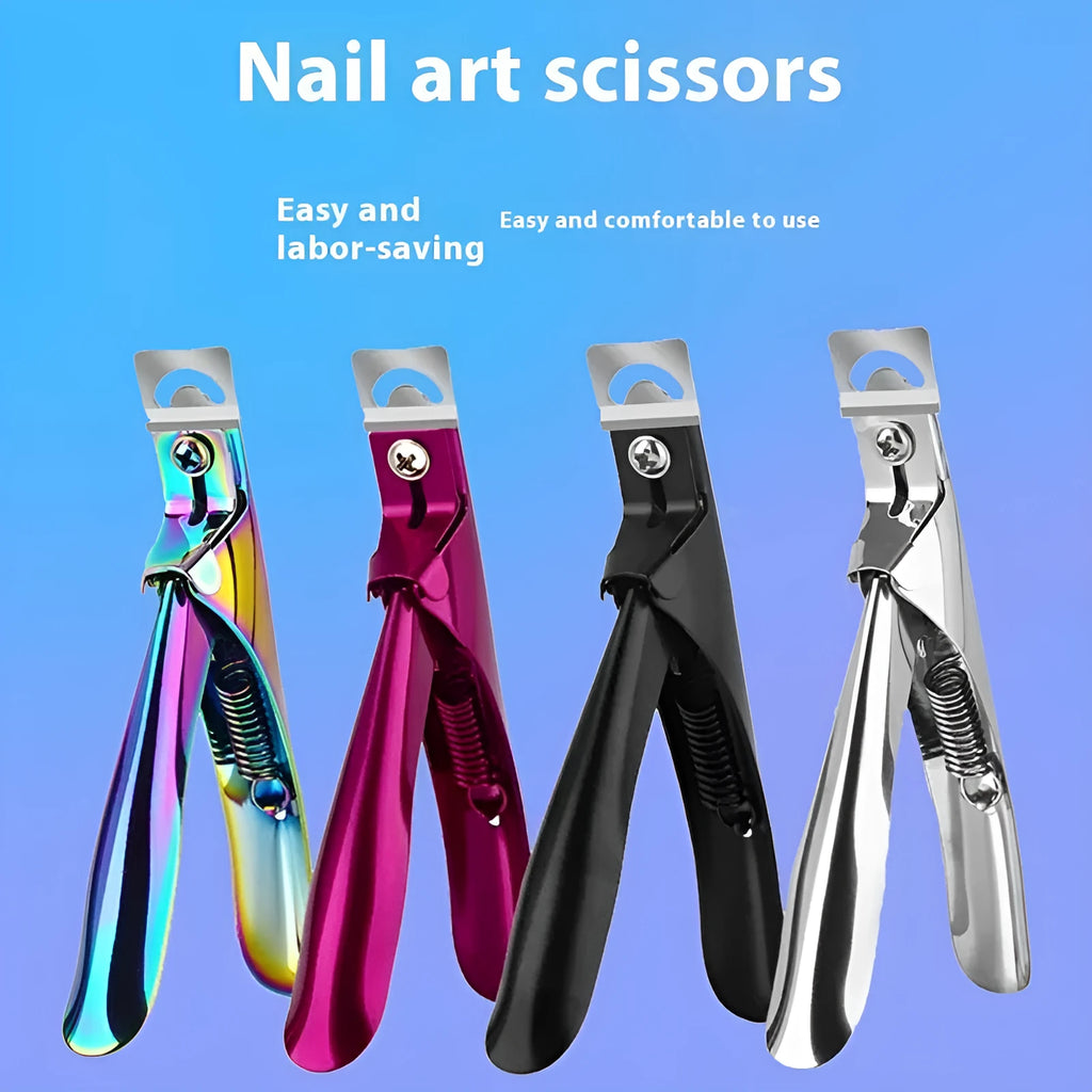 Stainless steel nail art scissors with U-shaped blades in black, titanium, or silver finishes.