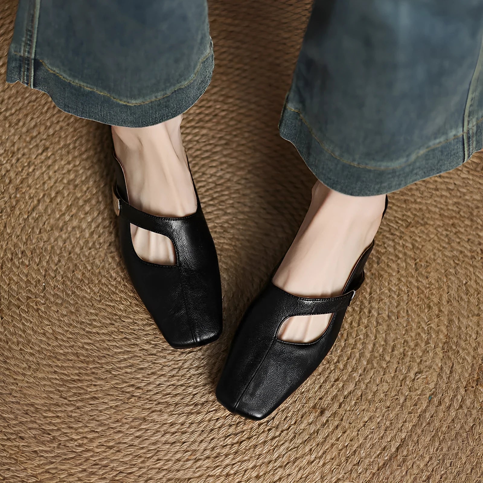 British-style square toe leisure slippers in artificial PU with rubber sole