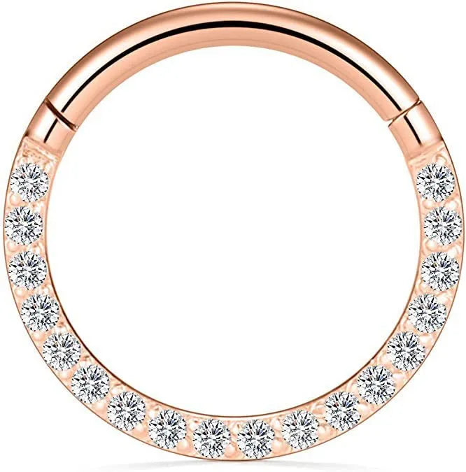 A seamless stainless steel nose ring hoop showing gold and rose gold electroplated colour options.