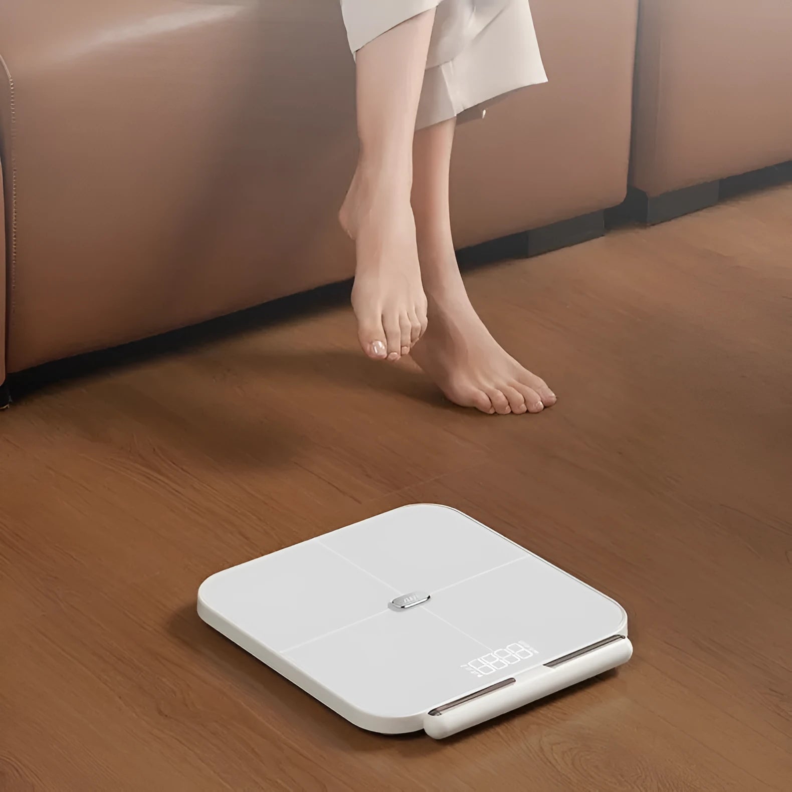 White professional body fat scale with 8 electrodes and tempered glass platform, showing LED display.