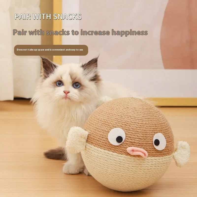 Puffer leakage food feeder, a 15cm sisal hemp cube puzzle toy for dogs and cats.