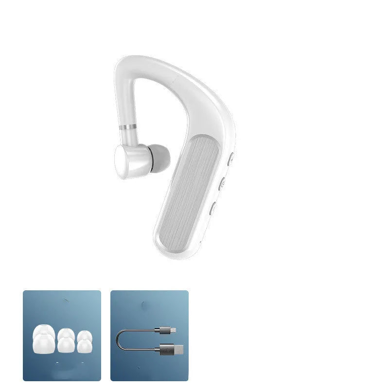 Black Bluetooth wireless earphones with hanging ear design and three sets of silicone ear caps