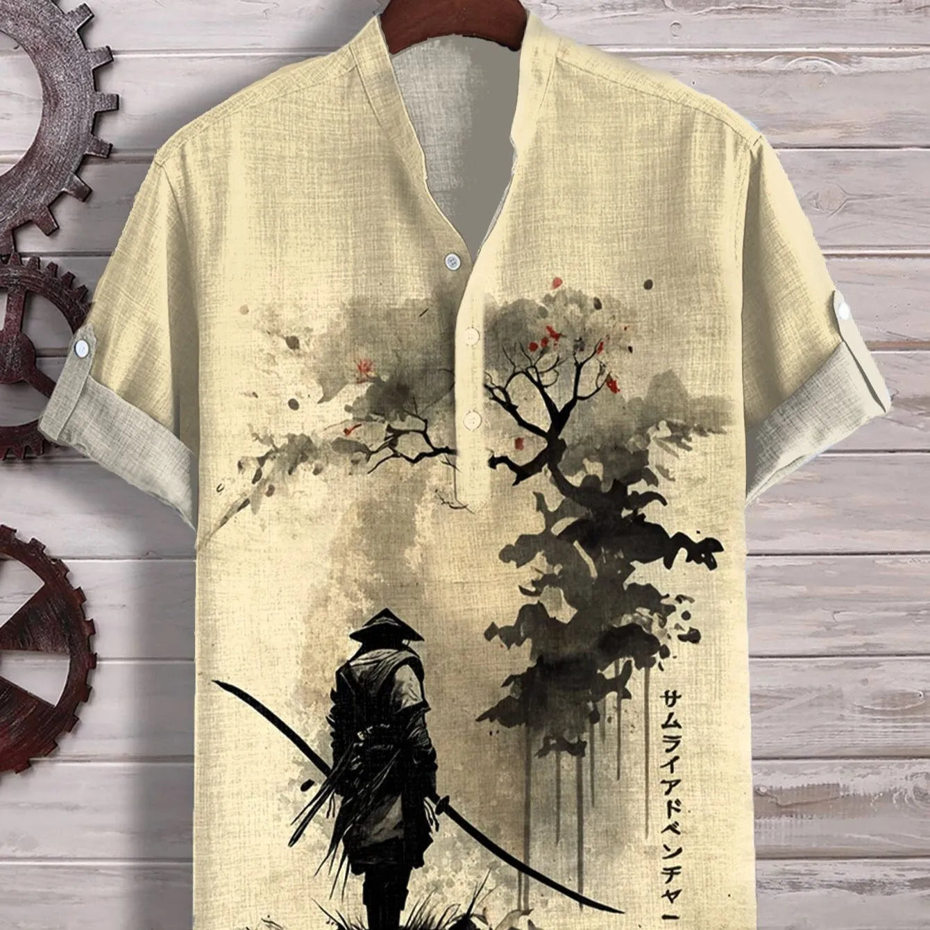 3D digital animal pattern short sleeve shirt on a hanger, showing the print detail.