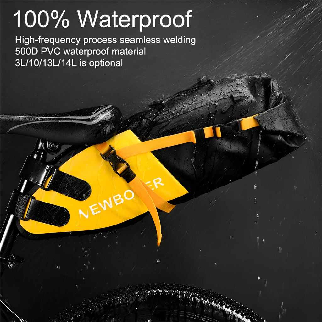 Waterproof PVC bicycle tail bag with 13L capacity mounted on bike rear
