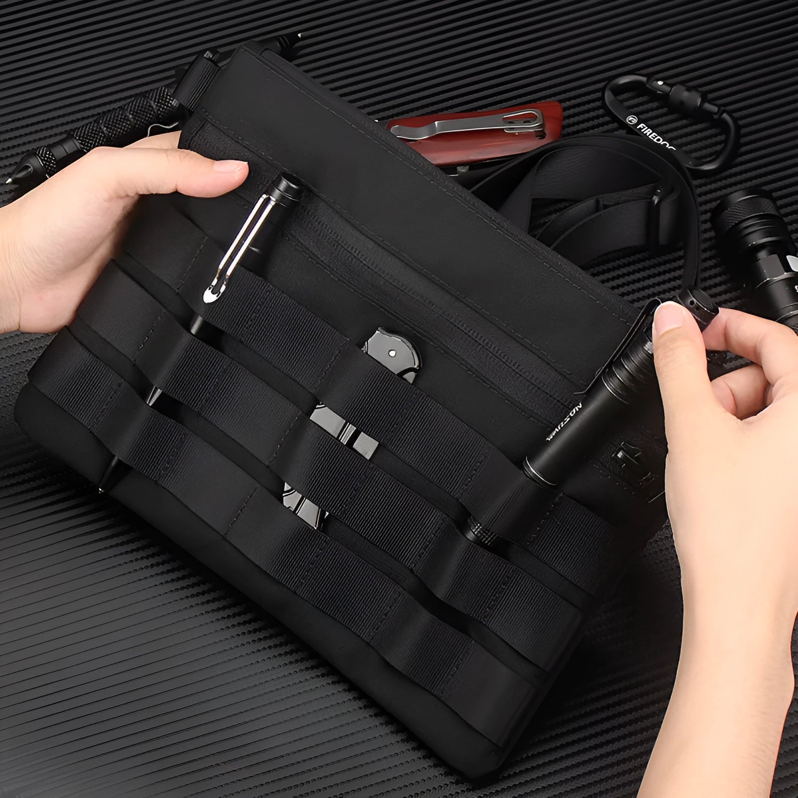Black Oxford cloth outdoor waist bag showing compact 18 by 3.5 cm size.