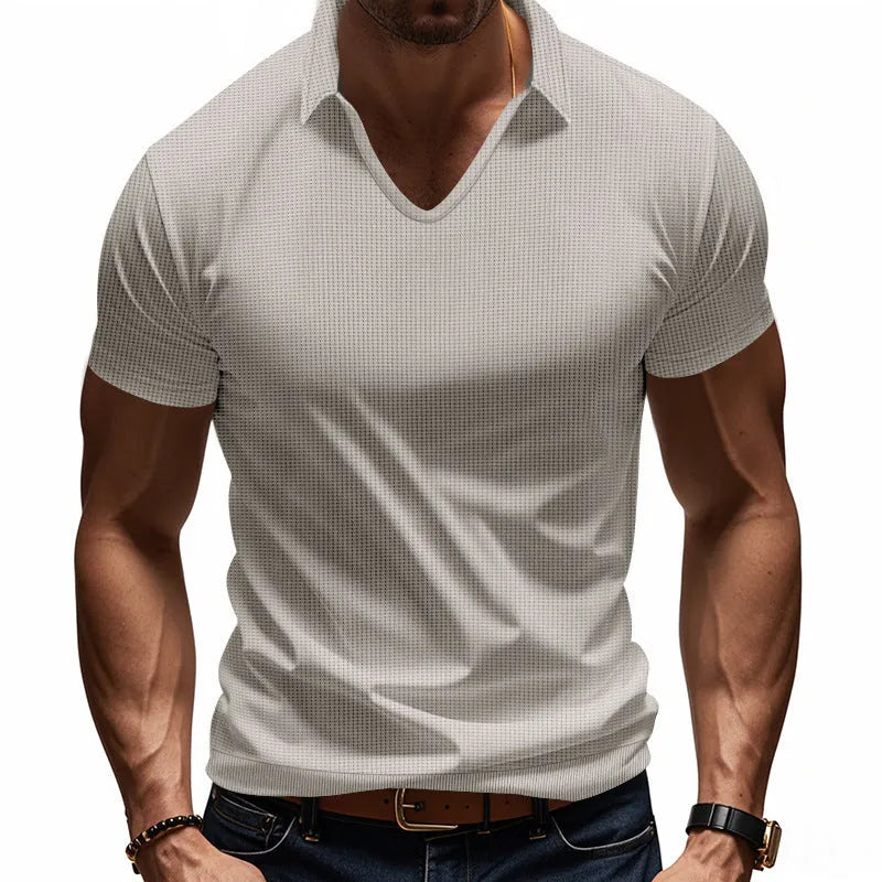 Men's casual V-neck short sleeve t-shirt in cotton blend fabric available in six colours with loose fit
