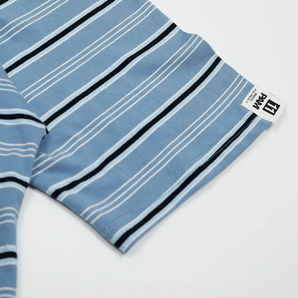 Vintage blue stripe short-sleeved polo shirt with loose fit on mannequin