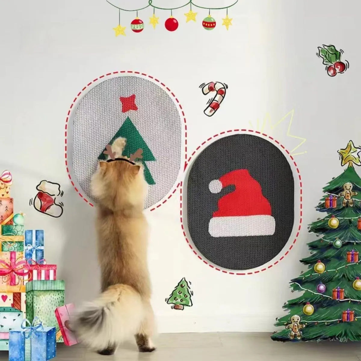 Vertical wall-mounted cardboard cat scratch pad with decorative print on wall
