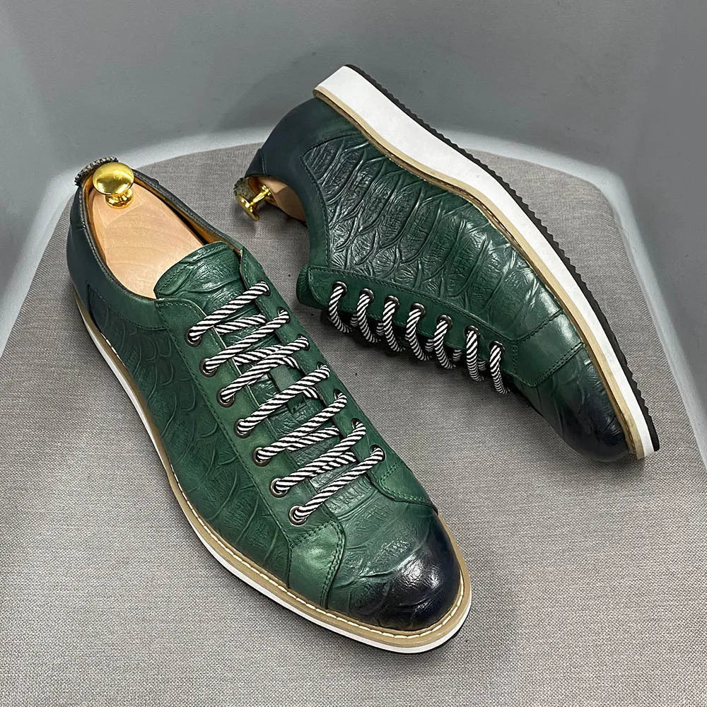 Men's low-top lace-up leather shoes with embossed pattern in black, green, white, and grey colour options