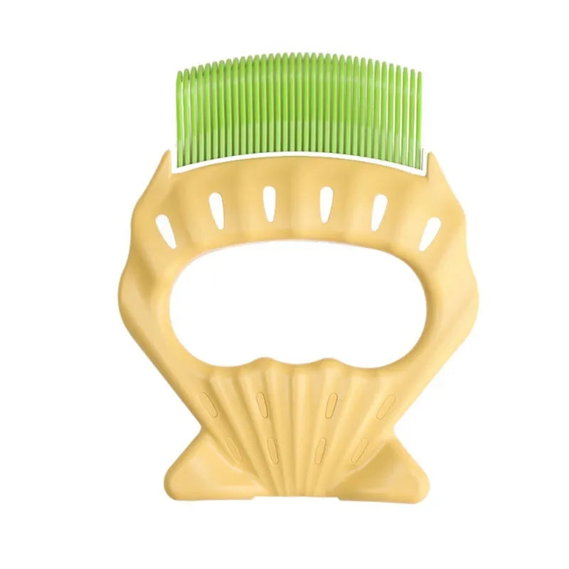 Shell-shaped pet grooming brush with bent wire bristles in green, orange or purple colours