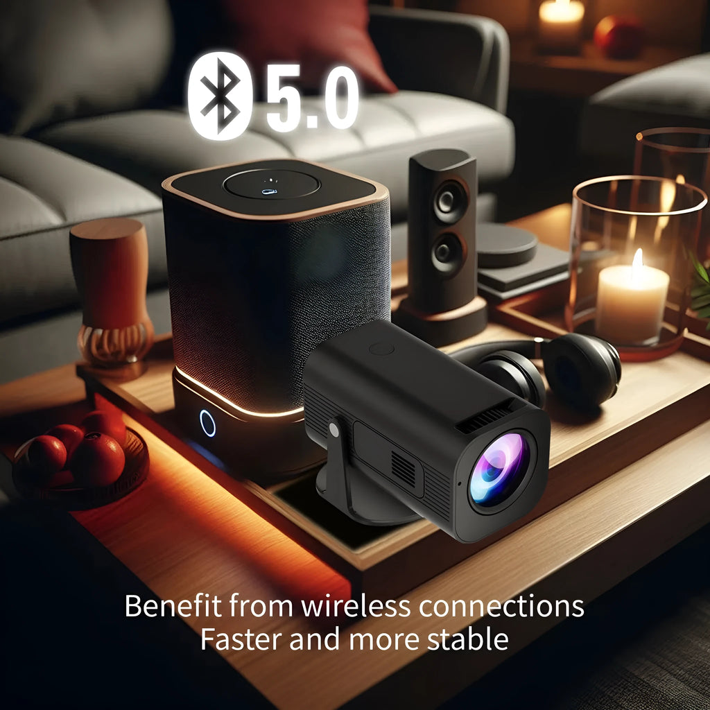 Black P330 portable mini projector with remote control on a table, for mobile phone streaming.