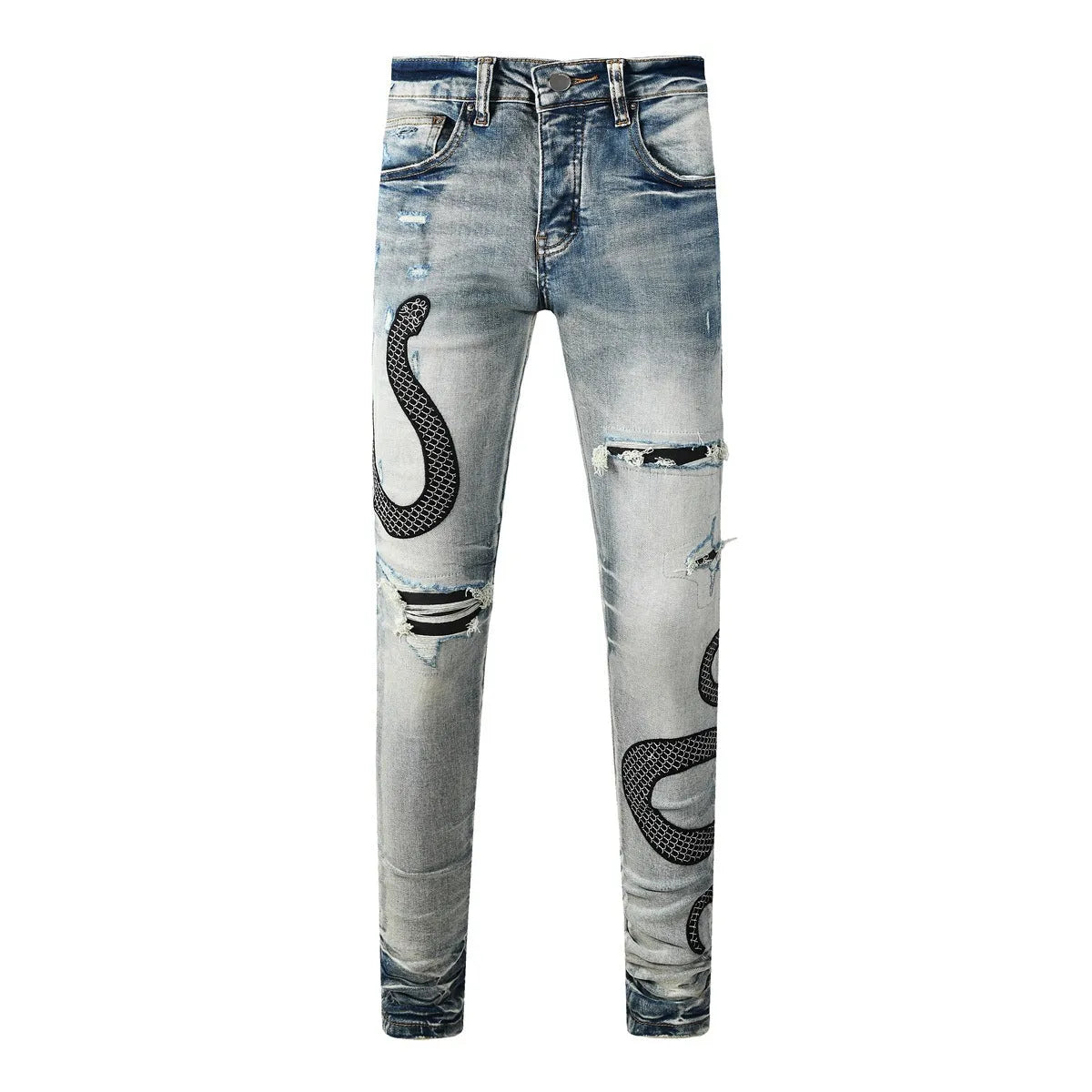 Man's blue distressed skinny jeans with a button fly and mid waist on a grey background.