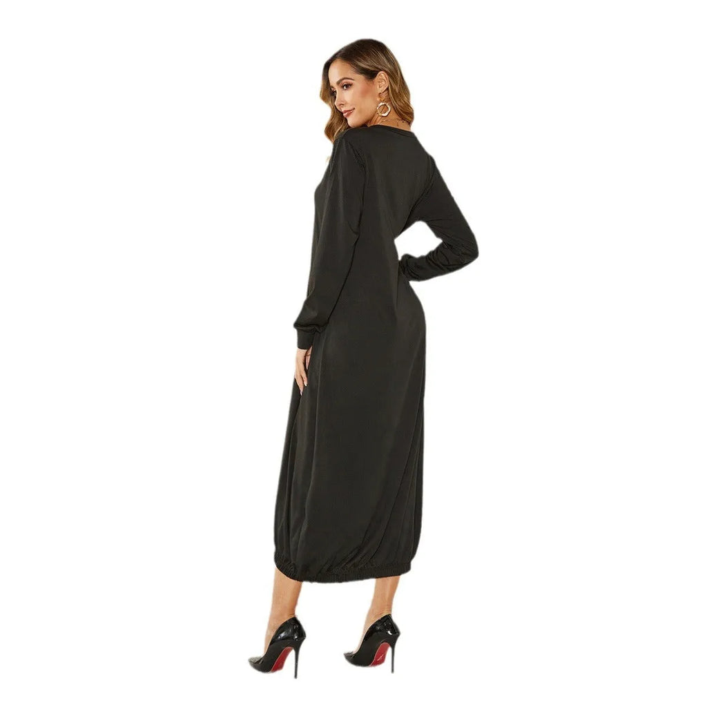 Loose lantern dress with lace-up crew neck in black or grey polyester knit fabric