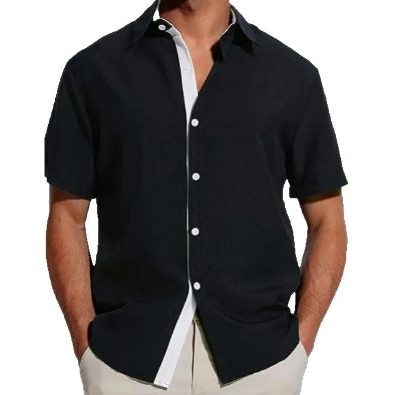 Men's grey short-sleeved shirt with floral print pattern, cardigan style.