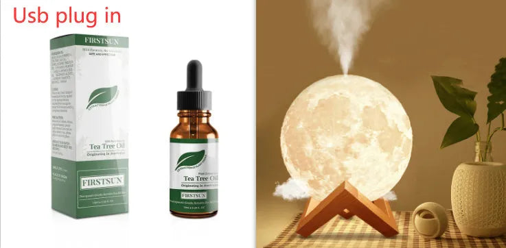 Lunar sphere humidifier and night light in wood finish with white LED light on a bedside table