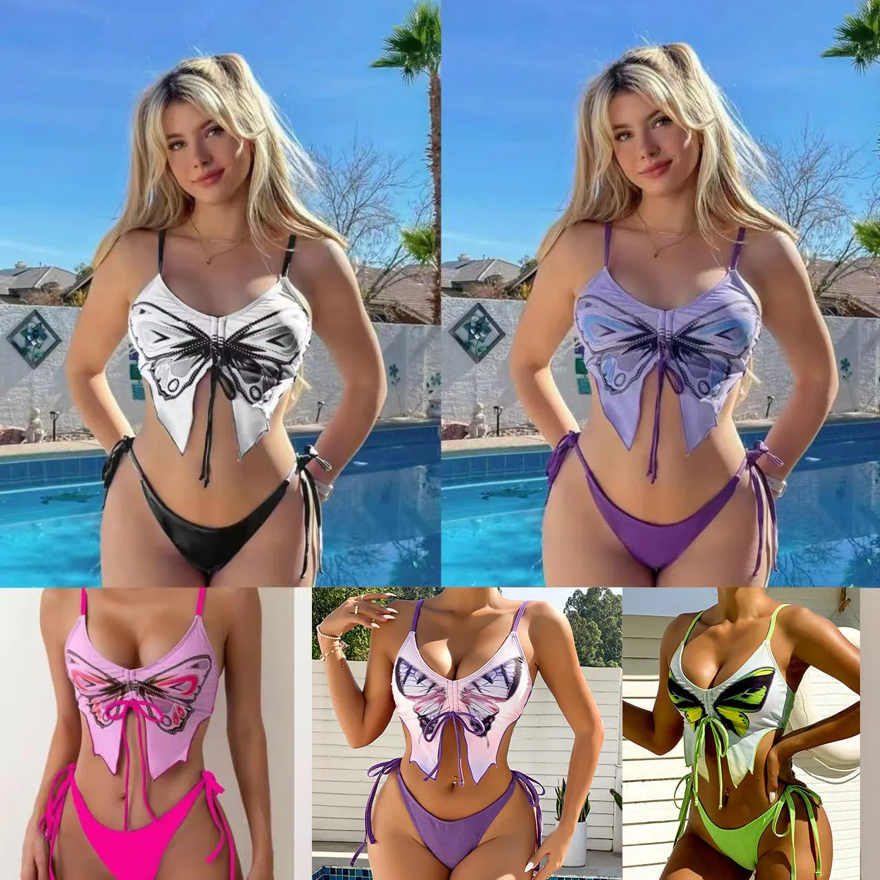 Women's purple split bow back bikini swimsuit set on mannequin, showing sleeveless top and briefs.