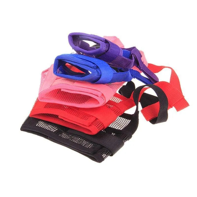 Adjustable plastic dog muzzle in multiple colours showing five size options for biting and barking control