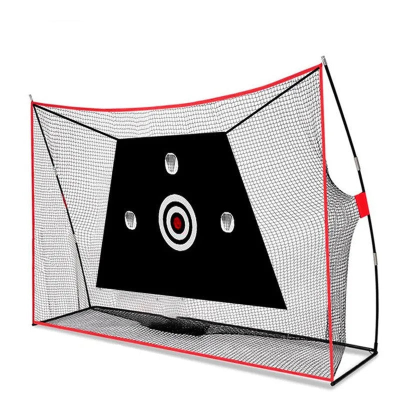 Golf wedge training net with 3-hole design on straw mat with practice balls and accessories