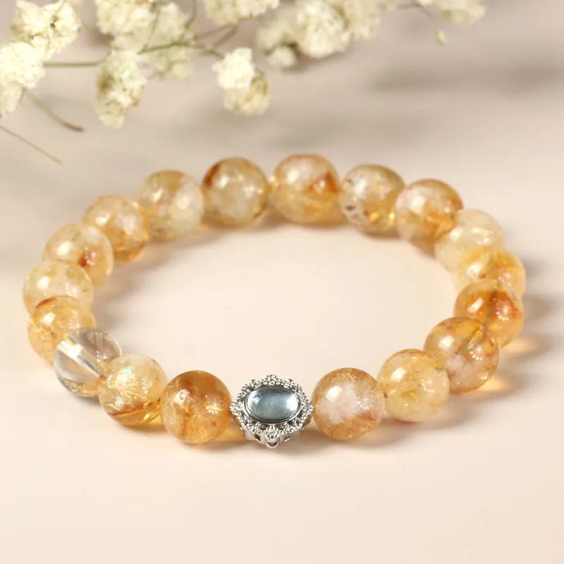 Citrine crystal bracelet with 10mm geometric pattern beads and grinding treatment finish