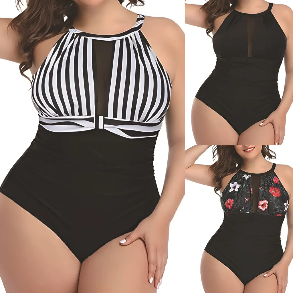 Women's black one-piece swimsuit with lace detailing on front, shown on mannequin.