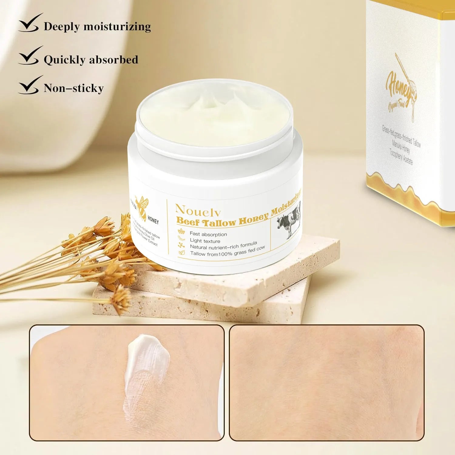 Jar of 50g honey tallow moisturising cream for dry and combination skin.