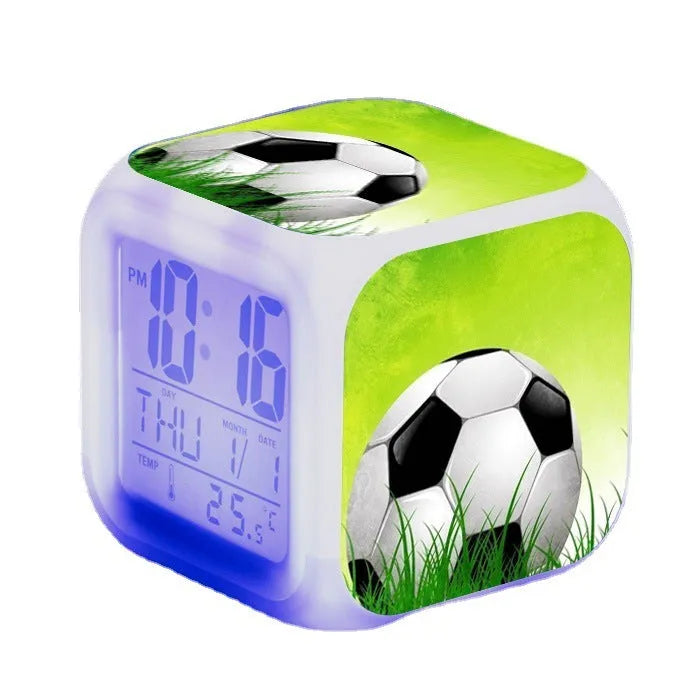 Square plastic alarm clock with football pattern and USB cable for students